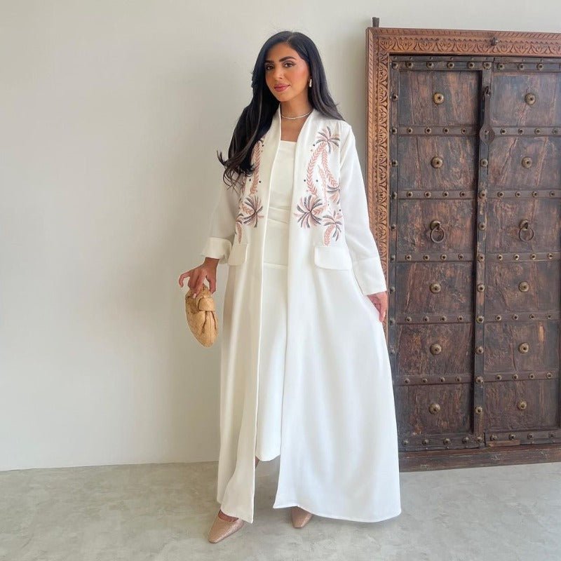 Ice Silk Crinkle Fabric Embroidered V-Neck Abaya(MOA234)