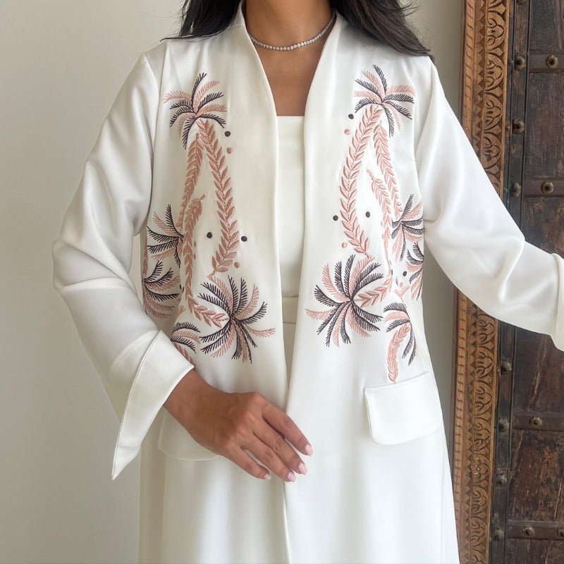 Ice Silk Crinkle Fabric Embroidered V-Neck Abaya(MOA234)
