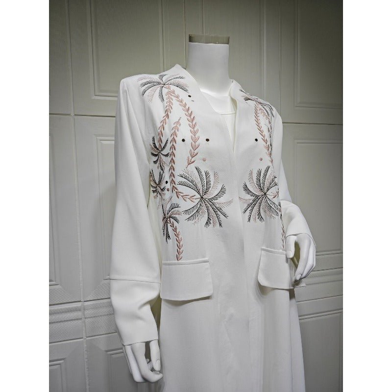 Ice Silk Crinkle Fabric Embroidered V-Neck Abaya(MOA234)