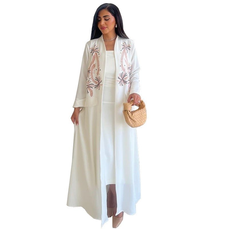 Ice Silk Crinkle Fabric Embroidered V-Neck Abaya(MOA234)