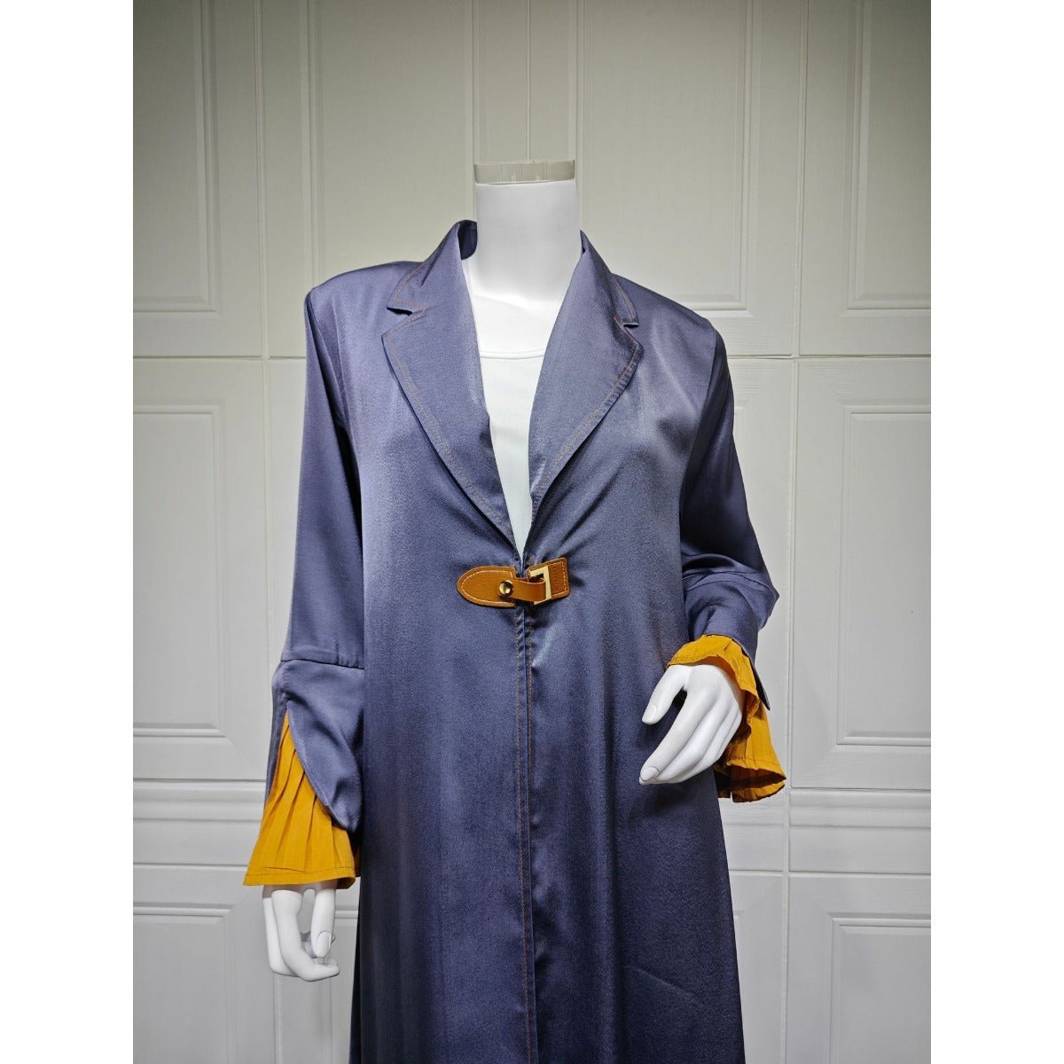 Luxe Suede Robe Dress | Navy Blue Maxi with Gold Accents & Bell Sleeves (MOA200)