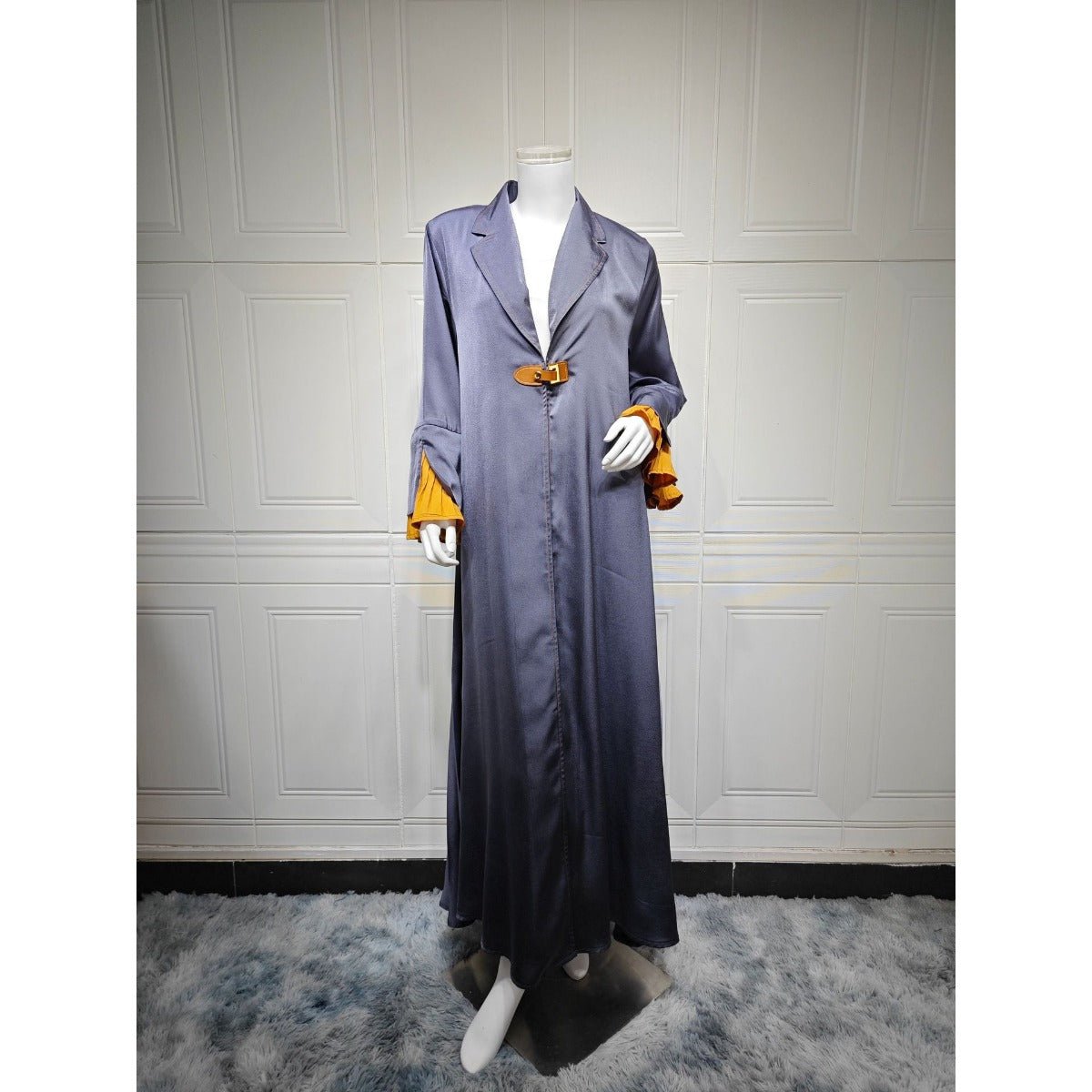 Luxe Suede Robe Dress | Navy Blue Maxi with Gold Accents & Bell Sleeves (MOA200)