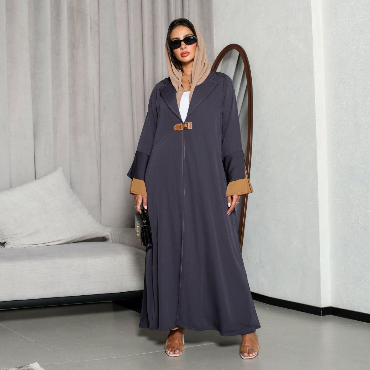 Luxe Suede Robe Dress | Navy Blue Maxi with Gold Accents & Bell Sleeves (MOA200)