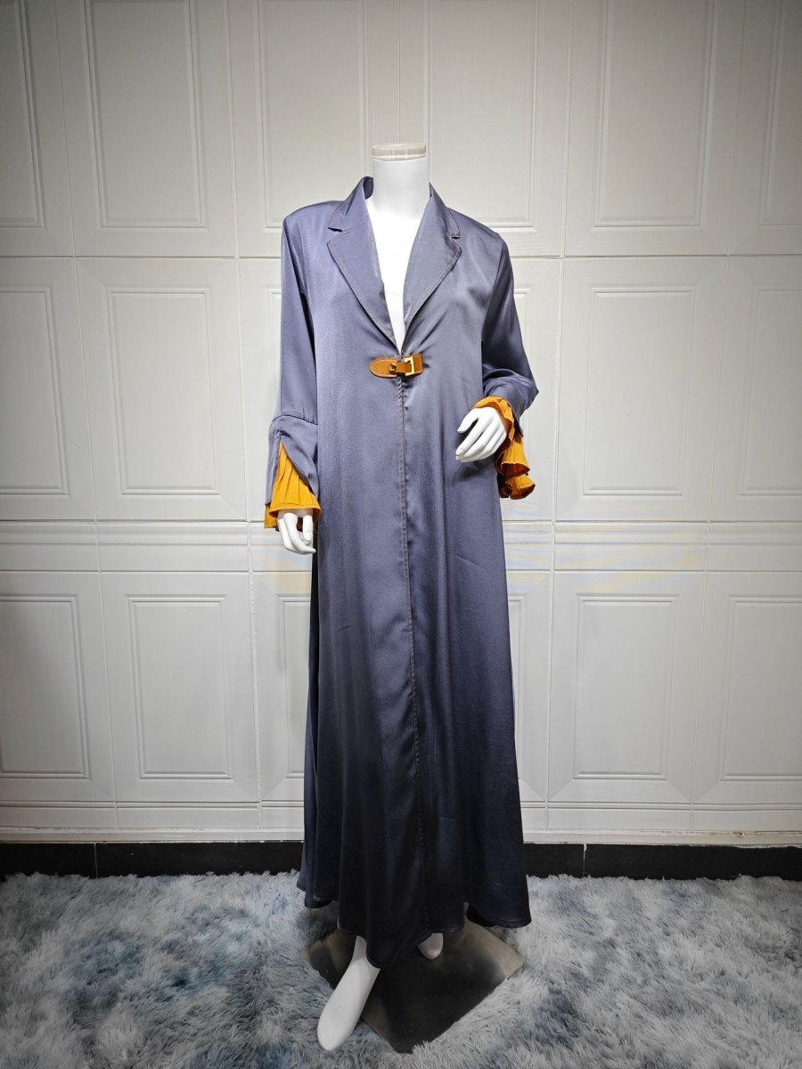 Luxe Suede Robe Dress | Navy Blue Maxi with Gold Accents & Bell Sleeves (MOA200)