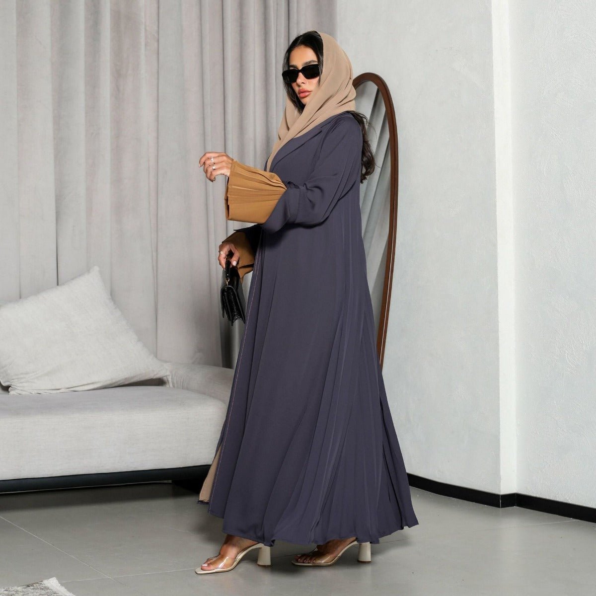 Luxe Suede Robe Dress | Navy Blue Maxi with Gold Accents & Bell Sleeves (MOA200)