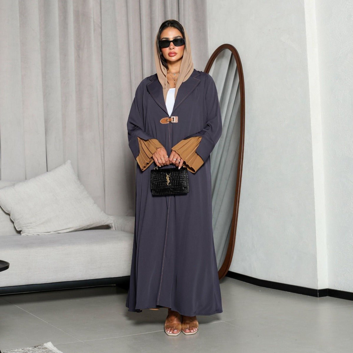 Luxe Suede Robe Dress | Navy Blue Maxi with Gold Accents & Bell Sleeves (MOA200)