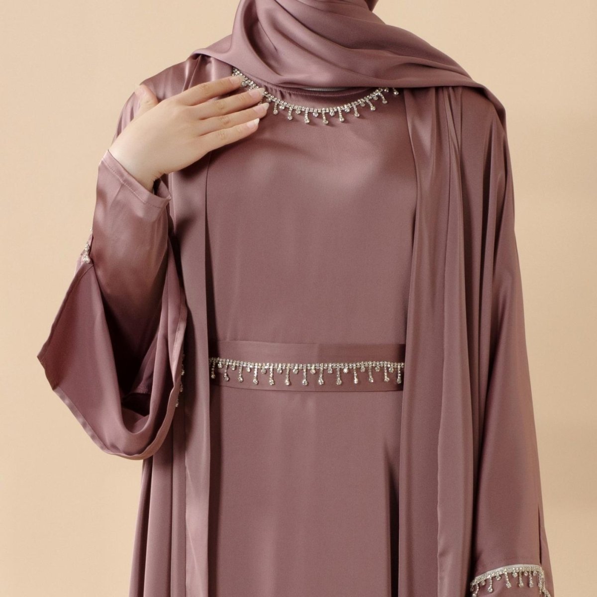 Luxury Satin Abaya With Diamond Tassels Belt, 6-Piece Set (MOA041)