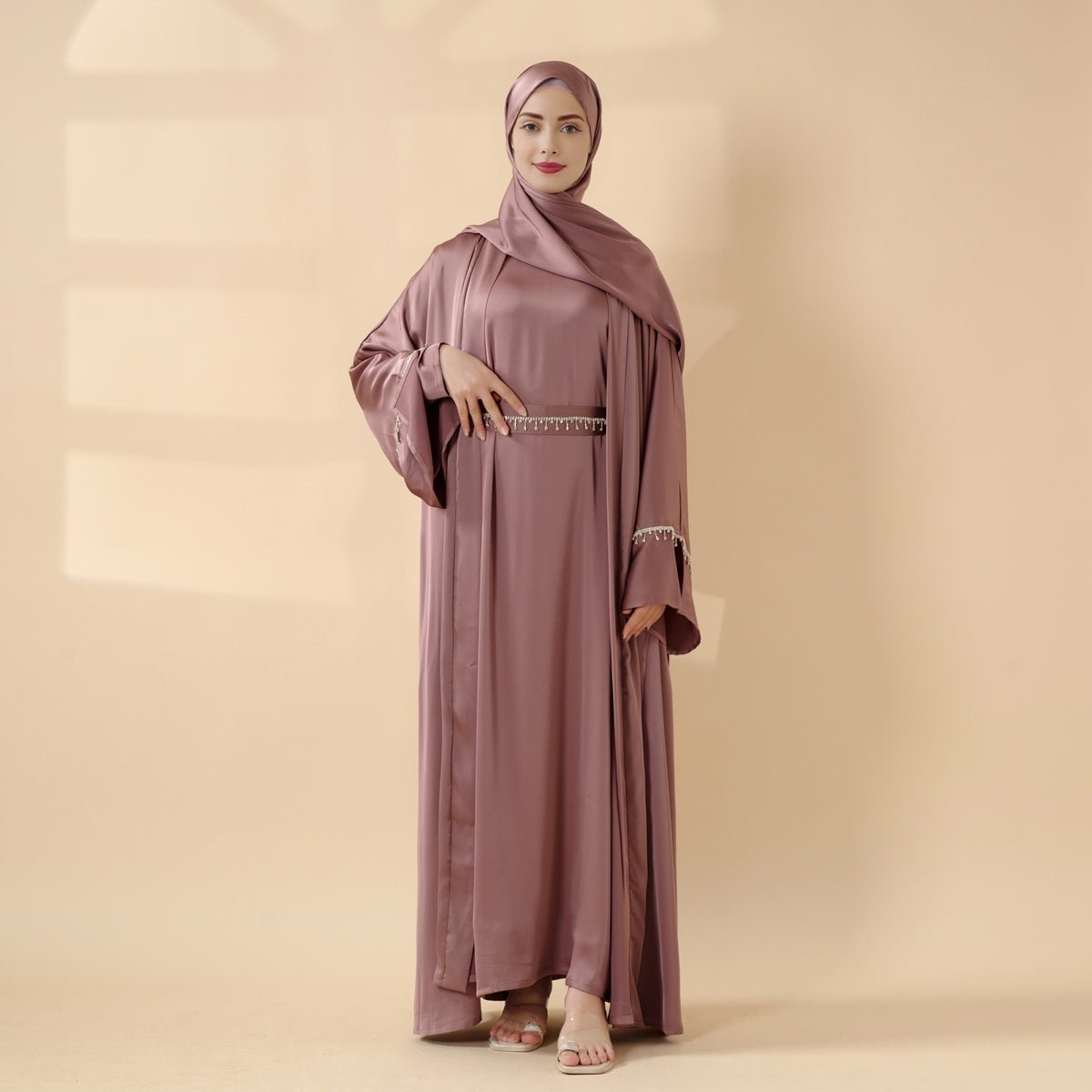 Luxury Satin Abaya With Diamond Tassels Belt, 6-Piece Set (MOA041)