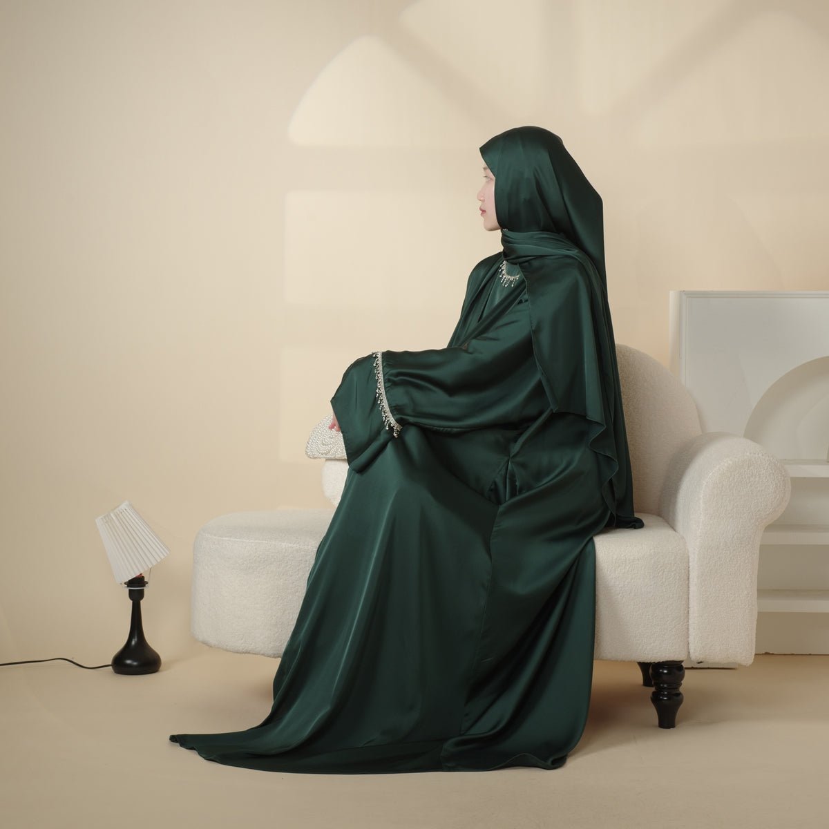 Luxury Satin Abaya With Diamond Tassels Belt, 6-Piece Set (MOA041)