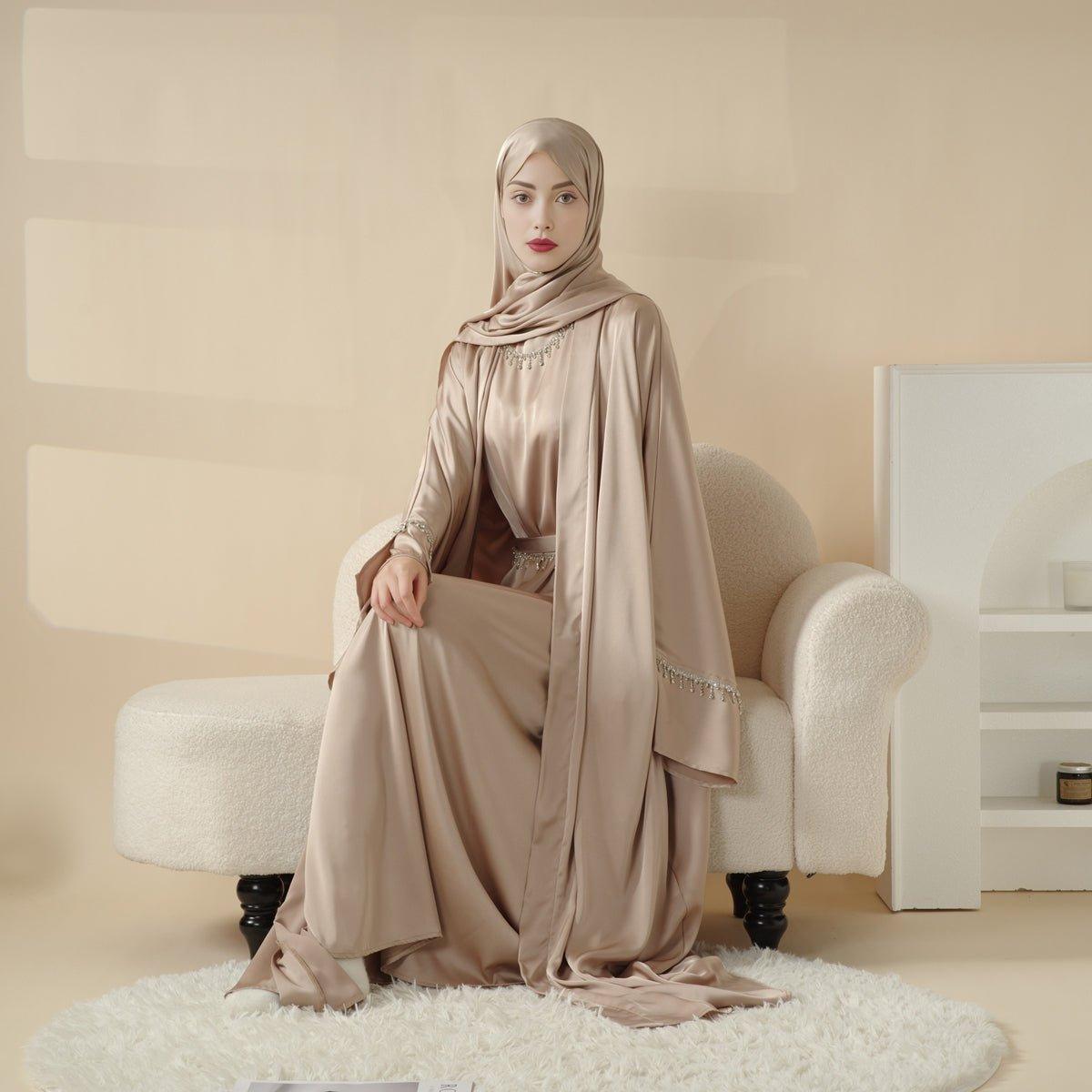 Luxury Satin Abaya With Diamond Tassels Belt, 6-Piece Set (MOA041)