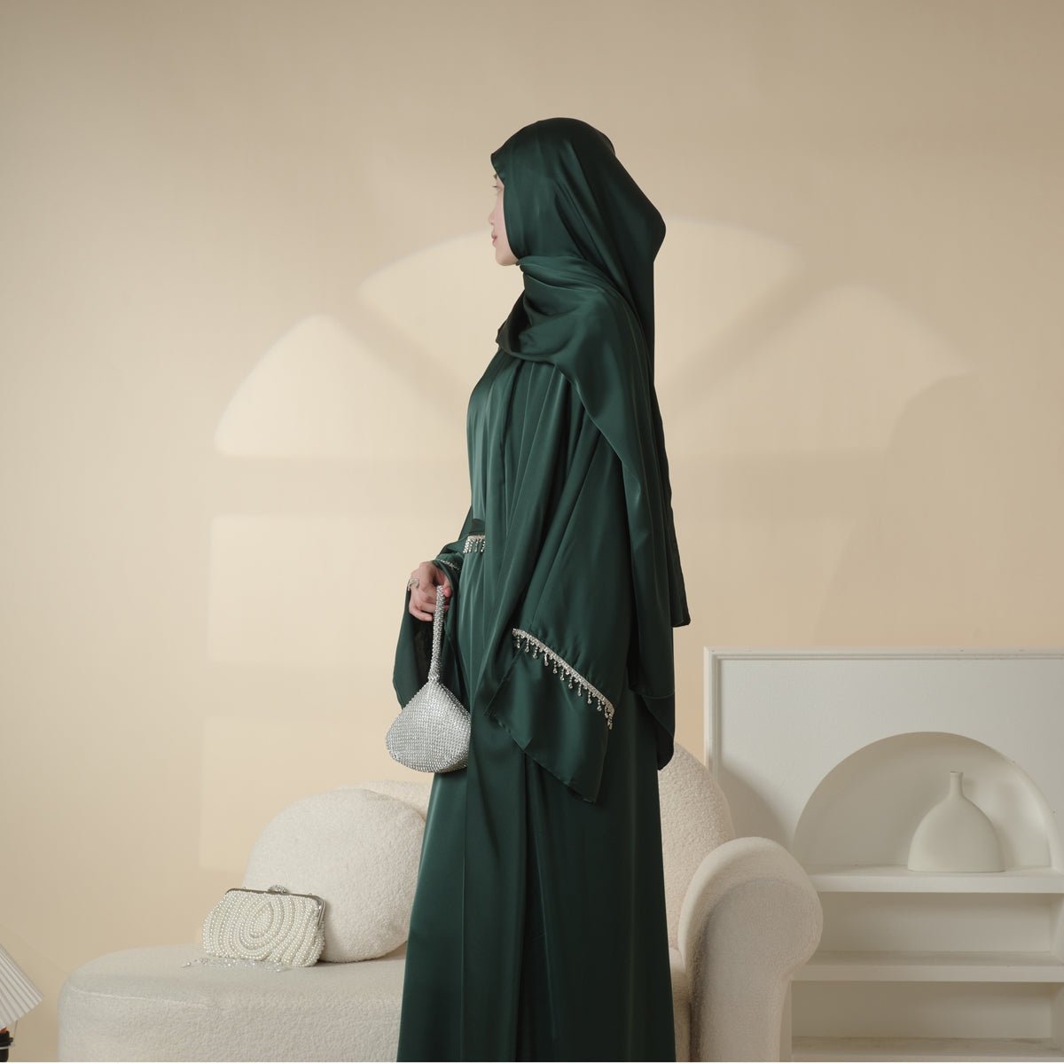 Luxury Satin Abaya With Diamond Tassels Belt, 6-Piece Set (MOA041)
