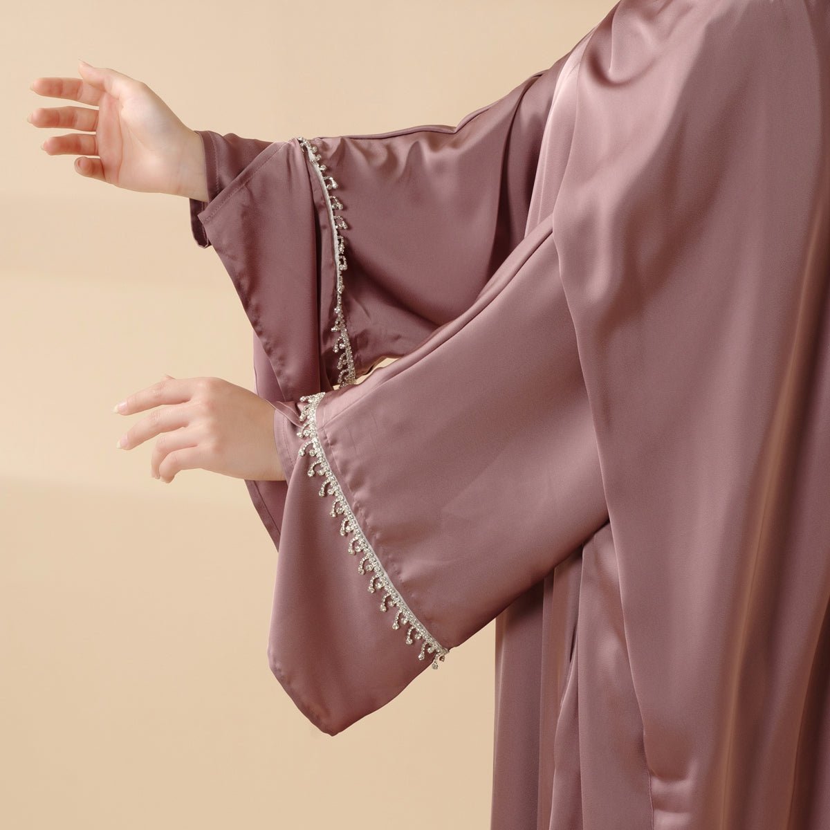 Luxury Satin Abaya With Diamond Tassels Belt, 6-Piece Set (MOA041)