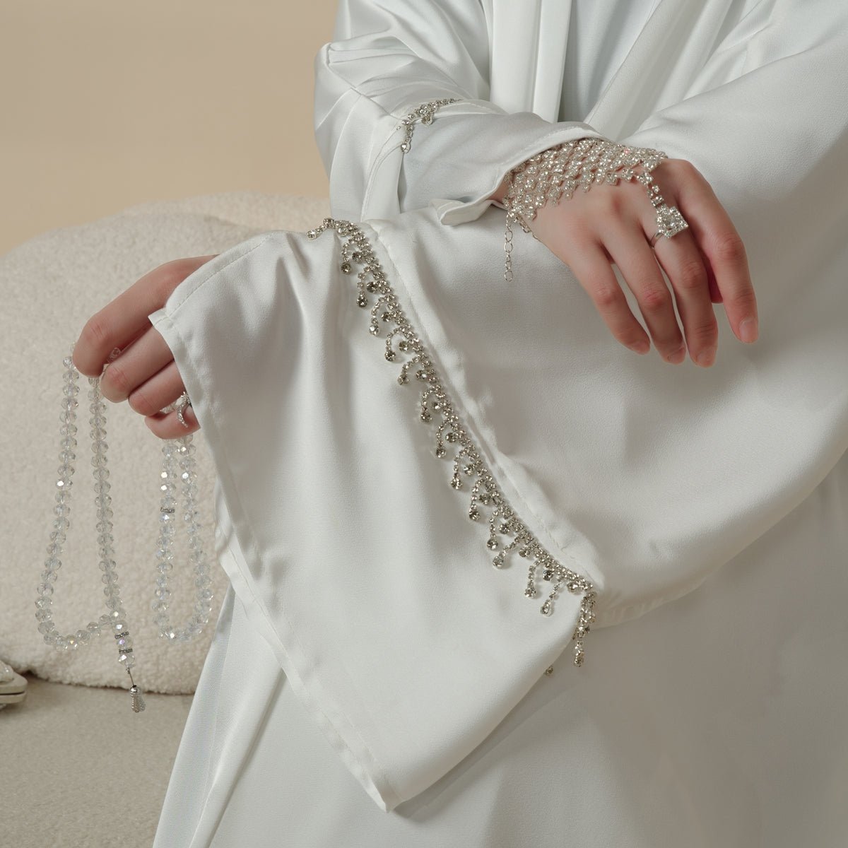 Luxury Satin Abaya With Diamond Tassels Belt, 6-Piece Set (MOA041)