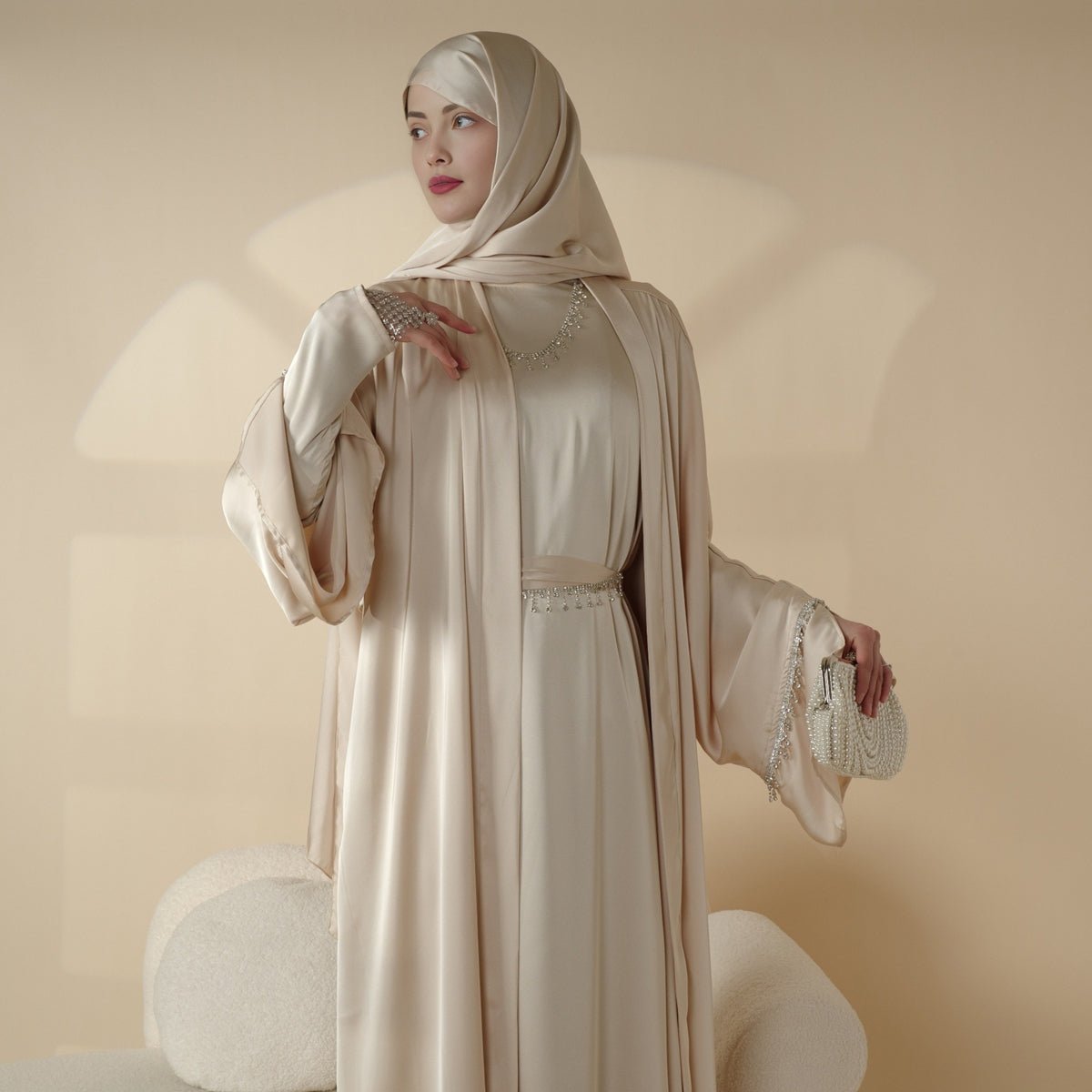 Luxury Satin Abaya With Diamond Tassels Belt, 6-Piece Set (MOA041)