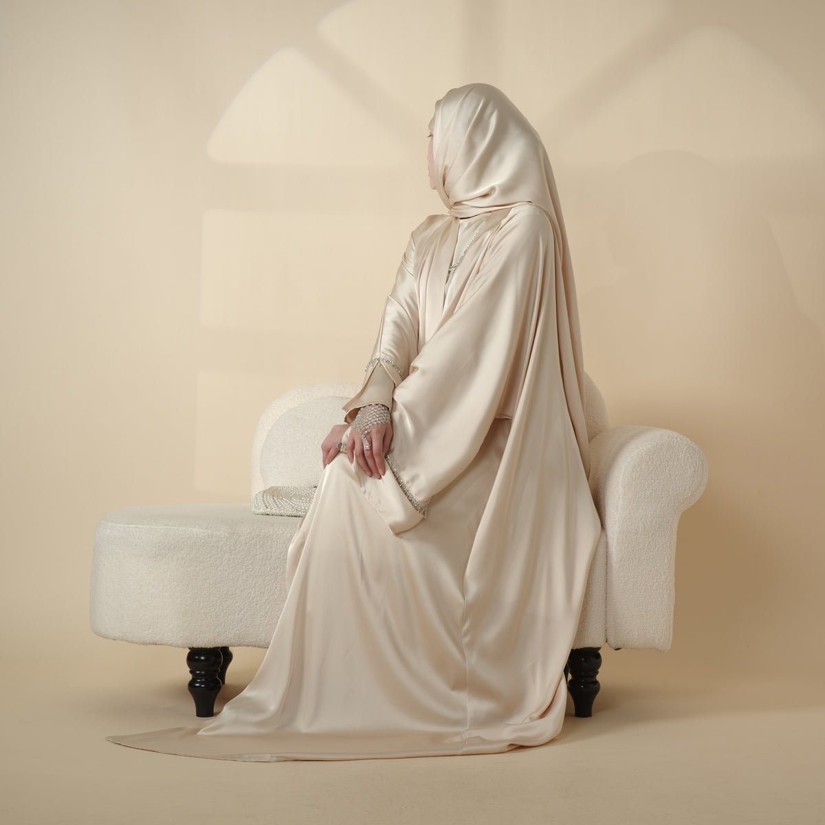 Luxury Satin Abaya With Diamond Tassels Belt, 6-Piece Set (MOA041)