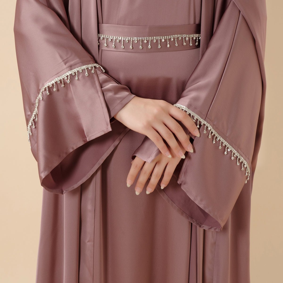 Luxury Satin Abaya With Diamond Tassels Belt, 6-Piece Set (MOA041)