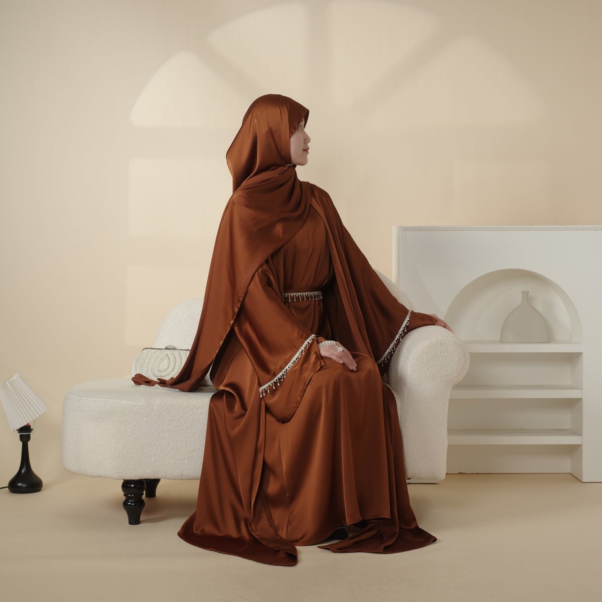 Luxury Satin Abaya With Diamond Tassels Belt, 6-Piece Set (MOA041)