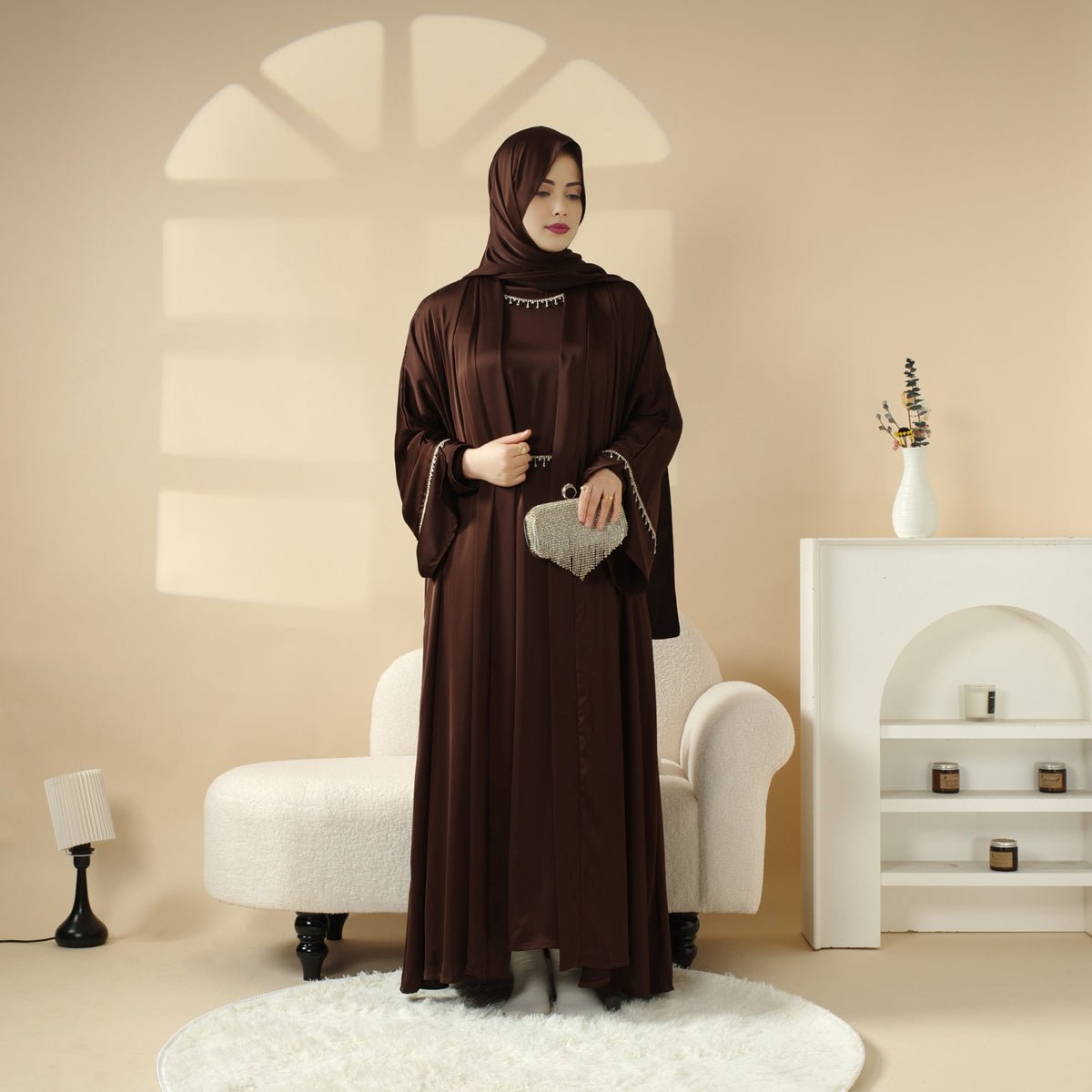 Luxury Satin Abaya With Diamond Tassels Belt, 6-Piece Set (MOA041)
