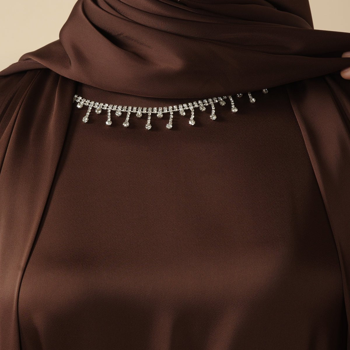 Luxury Satin Abaya With Diamond Tassels Belt, 6-Piece Set (MOA041)
