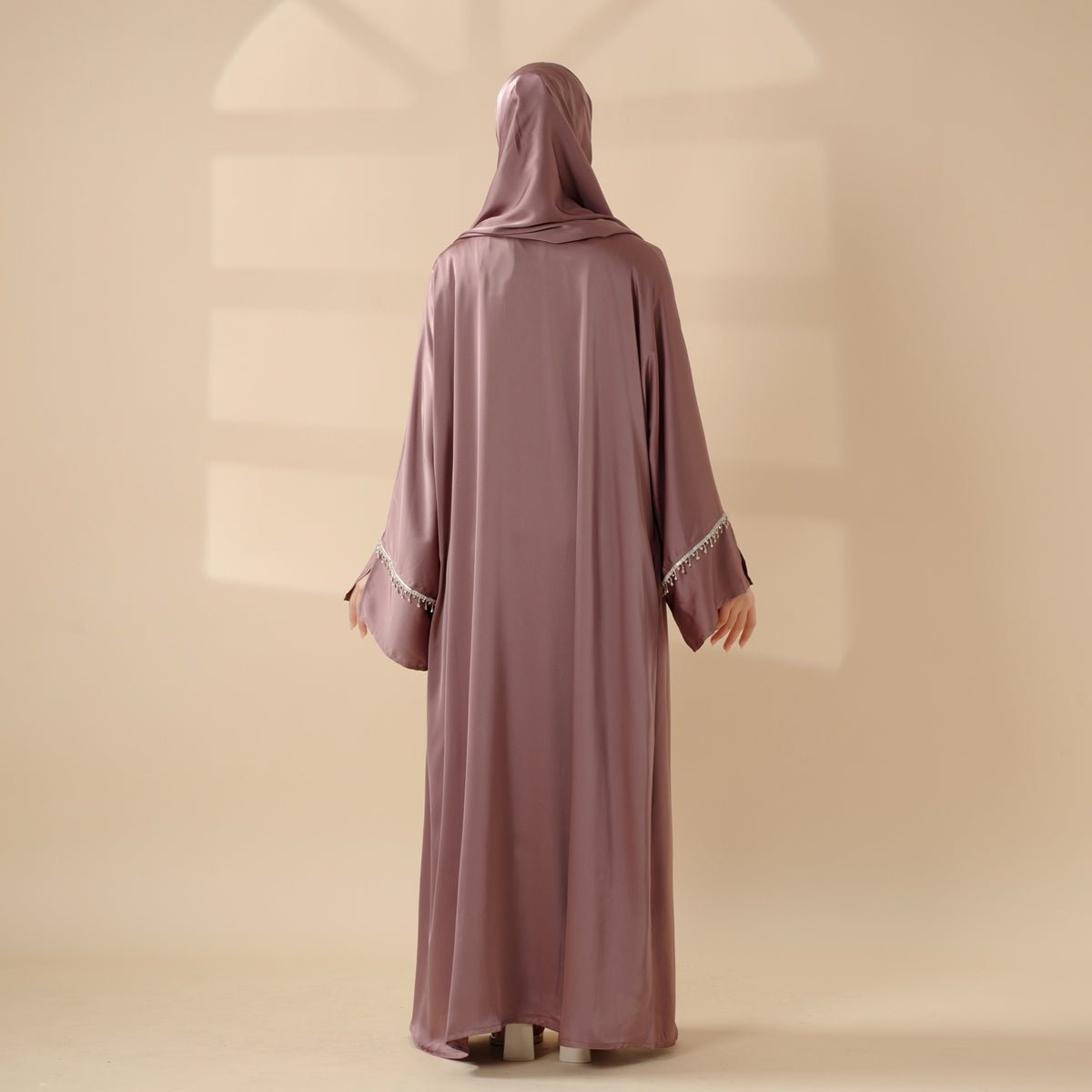Luxury Satin Abaya With Diamond Tassels Belt, 6-Piece Set (MOA041)