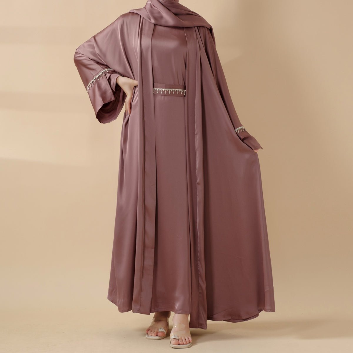 Luxury Satin Abaya With Diamond Tassels Belt, 6-Piece Set (MOA041)