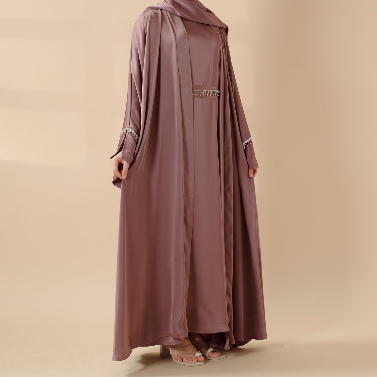Luxury Satin Abaya With Diamond Tassels Belt, 6-Piece Set (MOA041)