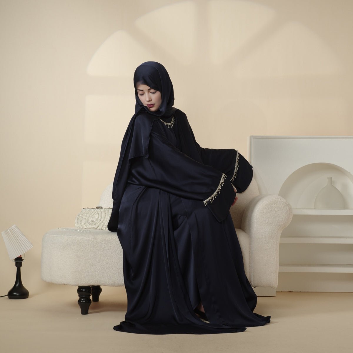 Luxury Satin Abaya With Diamond Tassels Belt, 6-Piece Set (MOA041)