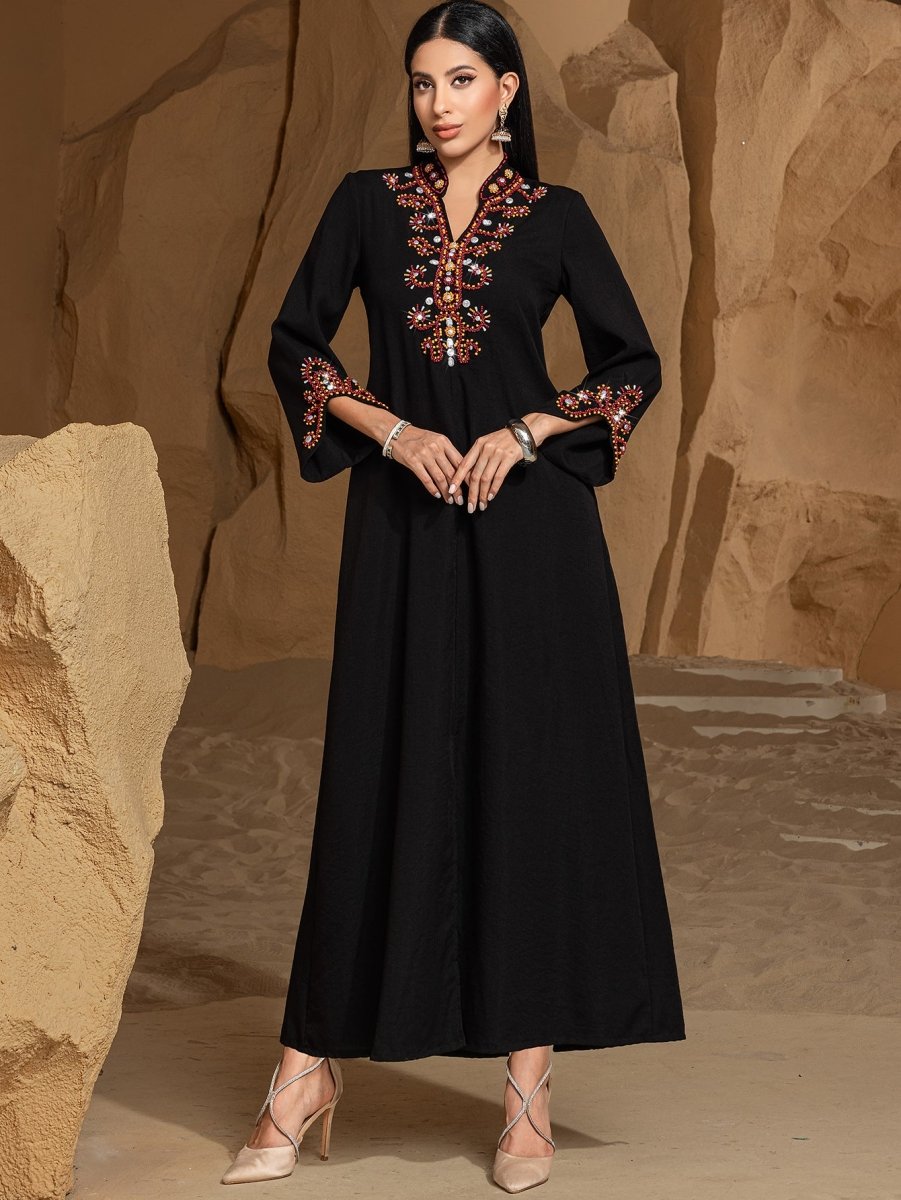 Luxury V-Neck Black & Gold Rice Bead Embroidered Party & Wedding Abaya (MA187)