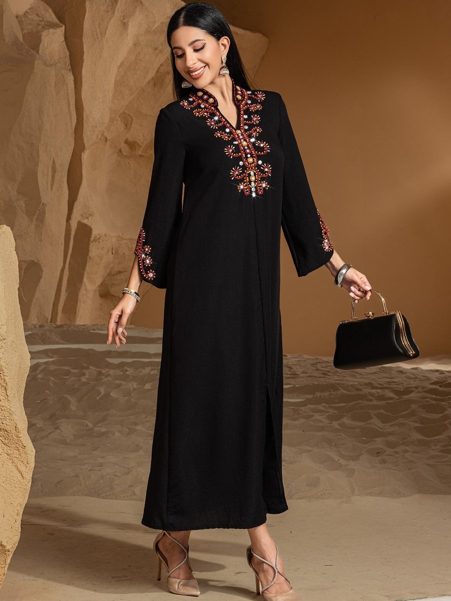 Luxury V-Neck Black & Gold Rice Bead Embroidered Party & Wedding Abaya (MA187)