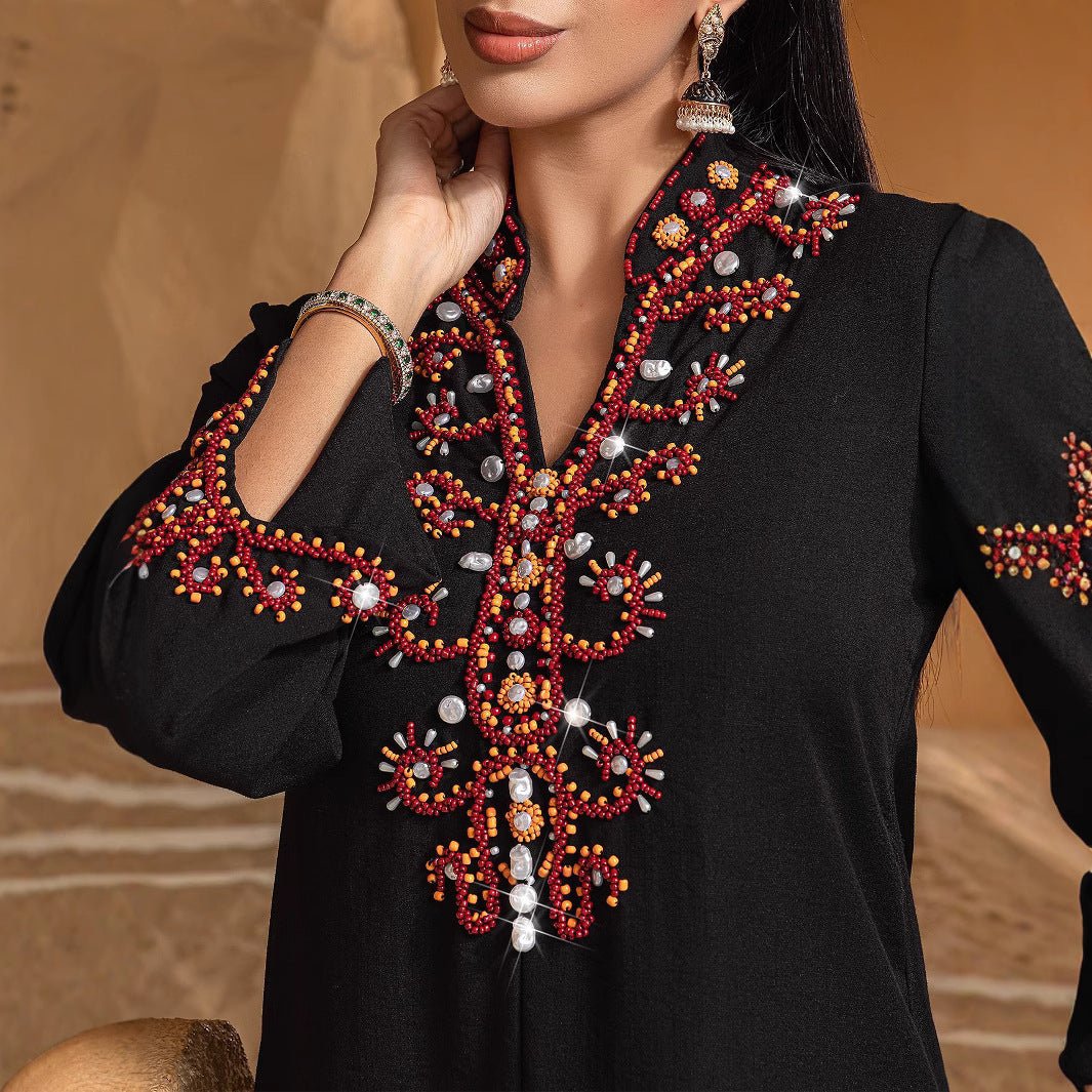 Luxury V-Neck Black & Gold Rice Bead Embroidered Party & Wedding Abaya (MA187)