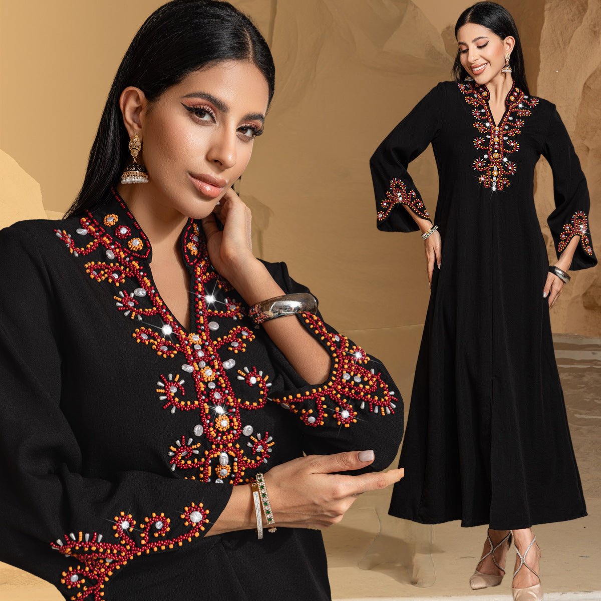 Luxury V-Neck Black & Gold Rice Bead Embroidered Party & Wedding Abaya (MA187)