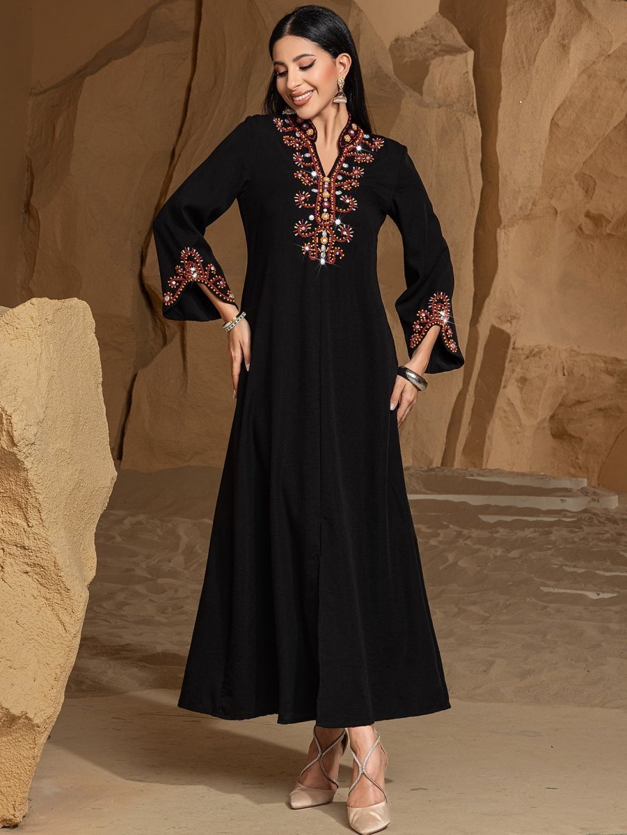 Luxury V-Neck Black & Gold Rice Bead Embroidered Party & Wedding Abaya (MA187)