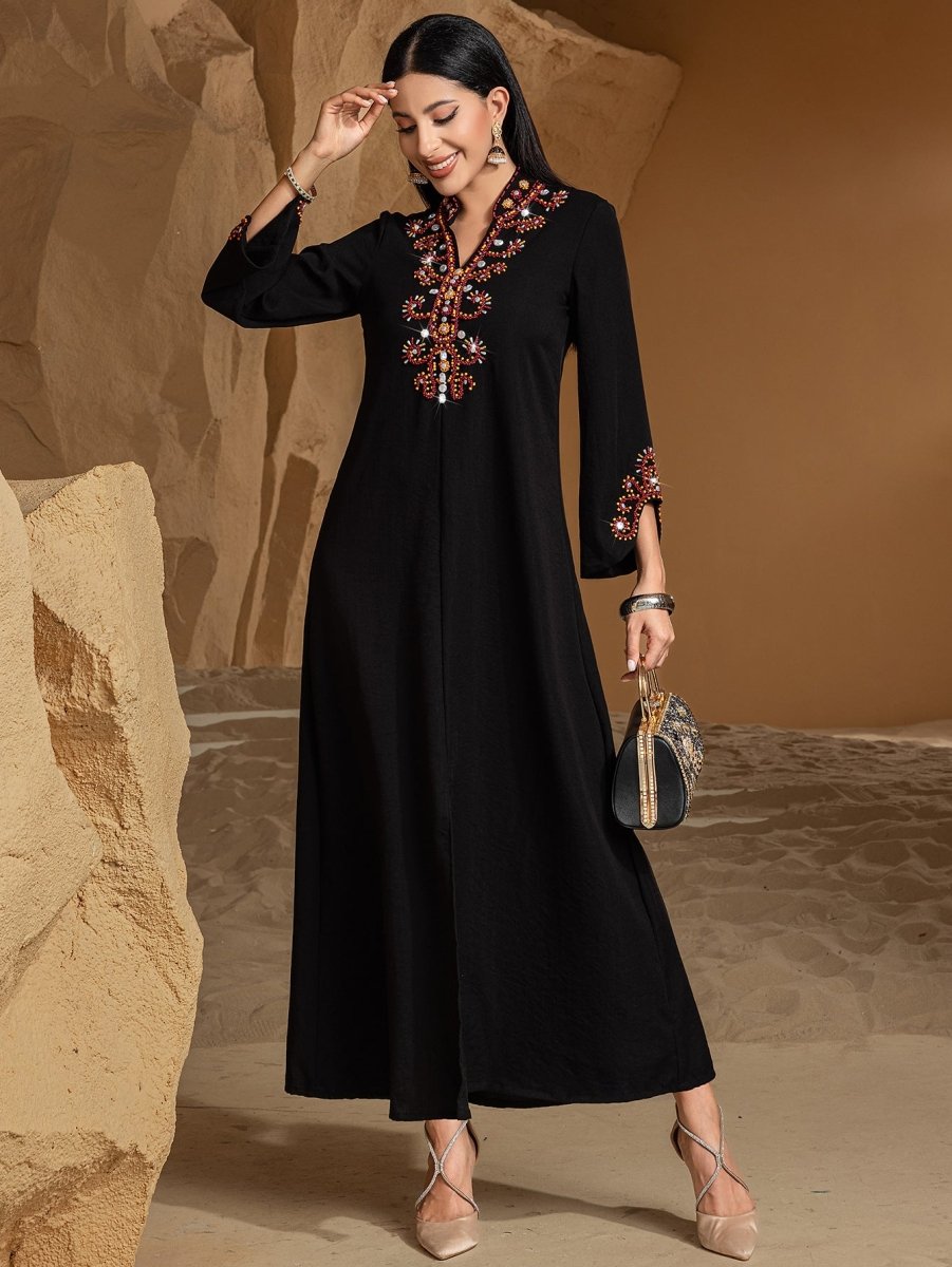Luxury V-Neck Black & Gold Rice Bead Embroidered Party & Wedding Abaya (MA187)