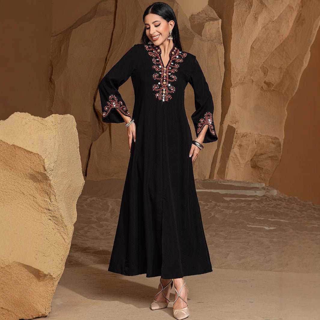 Luxury V-Neck Black & Gold Rice Bead Embroidered Party & Wedding Abaya (MA187)