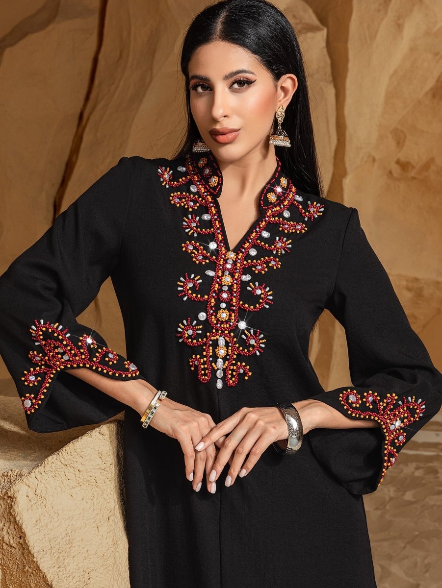 Luxury V-Neck Black & Gold Rice Bead Embroidered Party & Wedding Abaya (MA187)