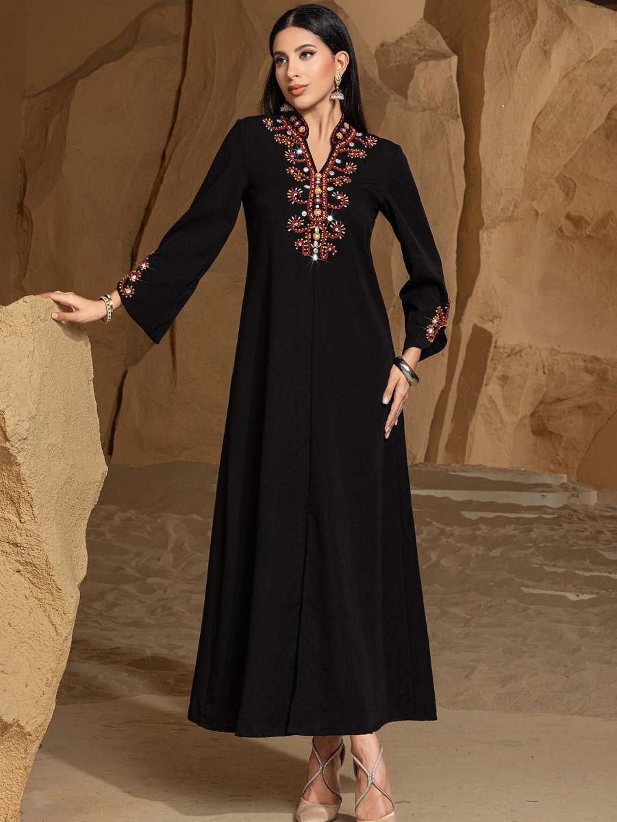 Luxury V-Neck Black & Gold Rice Bead Embroidered Party & Wedding Abaya (MA187)