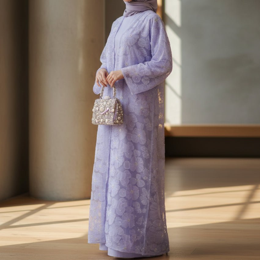 Mesh Flower Bead Open Abaya and Satin Interior Dress 2-Piece Set | Elegant Muslim Wedding Guest Outfit(MOA222)