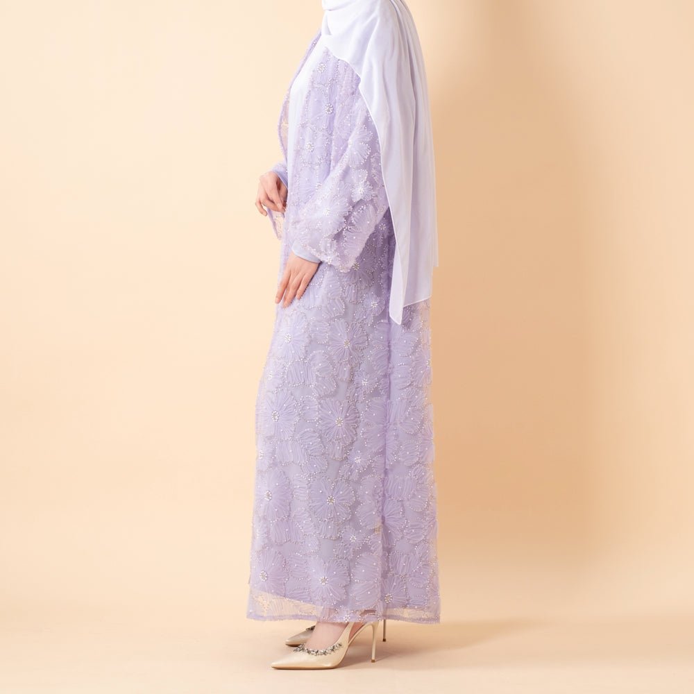 Mesh Flower Bead Open Abaya and Satin Interior Dress 2-Piece Set | Elegant Muslim Wedding Guest Outfit(MOA222)