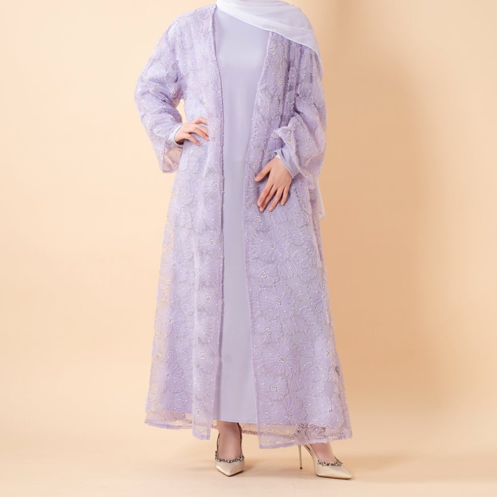 Mesh Flower Bead Open Abaya and Satin Interior Dress 2-Piece Set | Elegant Muslim Wedding Guest Outfit(MOA222)