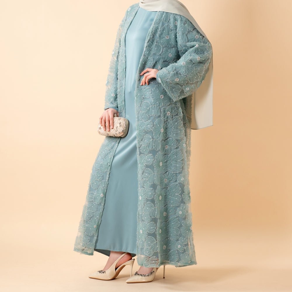 Mesh Flower Bead Open Abaya and Satin Interior Dress 2-Piece Set | Elegant Muslim Wedding Guest Outfit(MOA222)