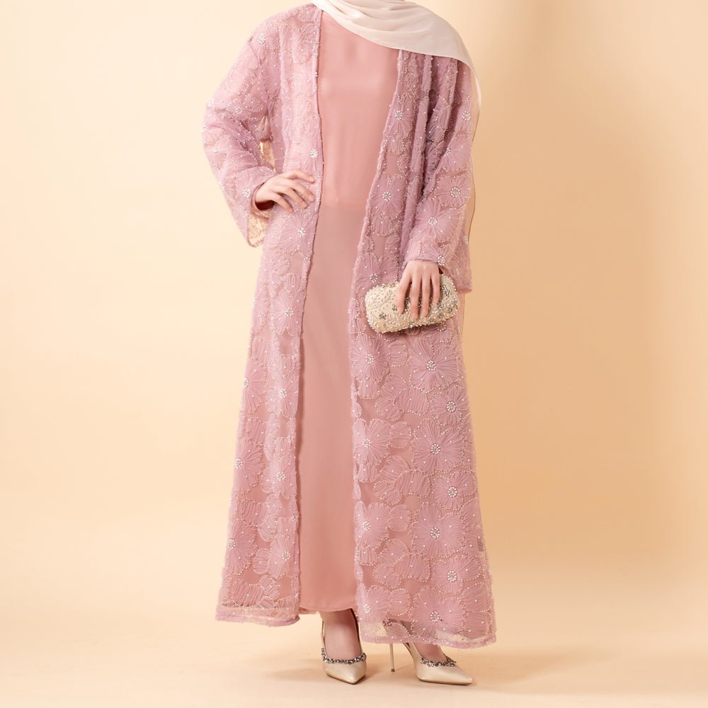 Mesh Flower Bead Open Abaya and Satin Interior Dress 2-Piece Set | Elegant Muslim Wedding Guest Outfit(MOA222)