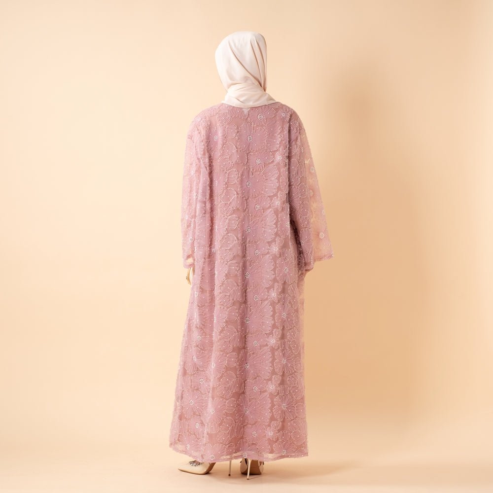 Mesh Flower Bead Open Abaya and Satin Interior Dress 2-Piece Set | Elegant Muslim Wedding Guest Outfit(MOA222)