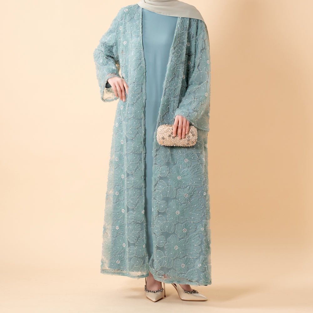 Mesh Flower Bead Open Abaya and Satin Interior Dress 2-Piece Set | Elegant Muslim Wedding Guest Outfit(MOA222)