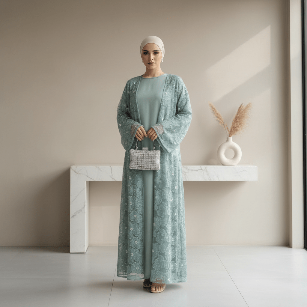 Mesh Flower Bead Open Abaya and Satin Interior Dress 2-Piece Set | Elegant Muslim Wedding Guest Outfit(MOA222)