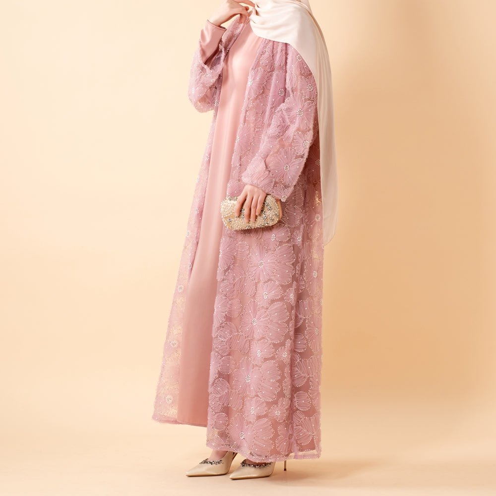 Mesh Flower Bead Open Abaya and Satin Interior Dress 2-Piece Set | Elegant Muslim Wedding Guest Outfit(MOA222)
