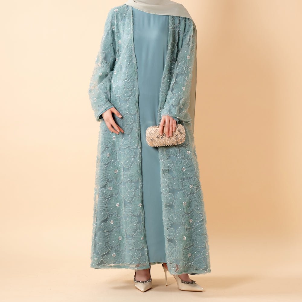 Mesh Flower Bead Open Abaya and Satin Interior Dress 2-Piece Set | Elegant Muslim Wedding Guest Outfit(MOA222)
