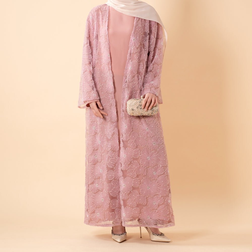 Mesh Flower Bead Open Abaya and Satin Interior Dress 2-Piece Set | Elegant Muslim Wedding Guest Outfit(MOA222)