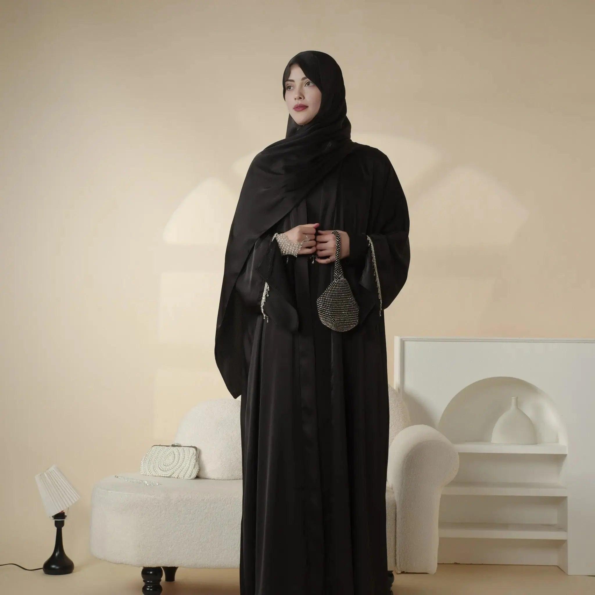 Luxury Satin Abaya With Diamond Tassels Belt, 6-Piece Set (MOA041)