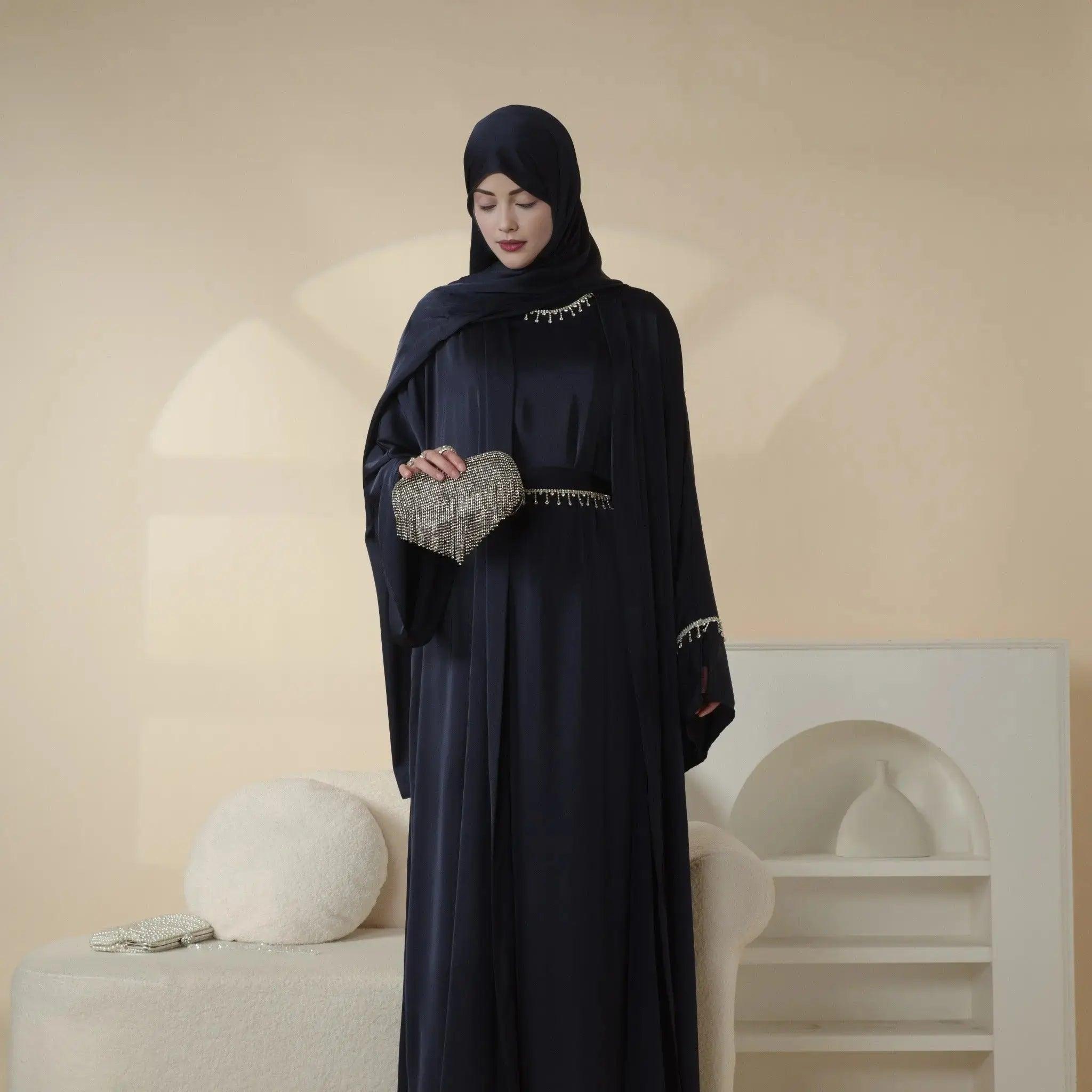 Luxury Satin Abaya With Diamond Tassels Belt, 6-Piece Set (MOA041)