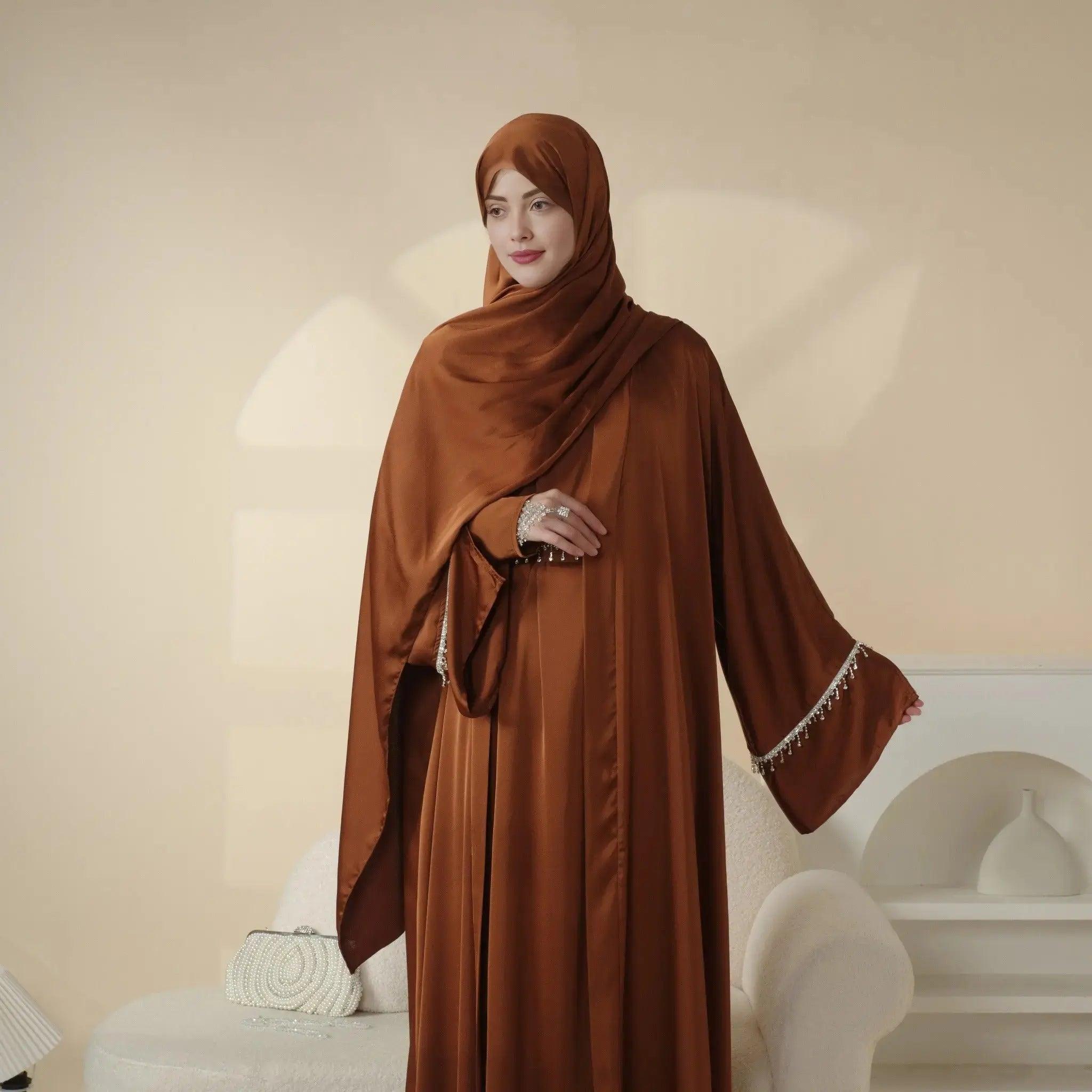 Luxury Satin Abaya With Diamond Tassels Belt, 6-Piece Set (MOA041)